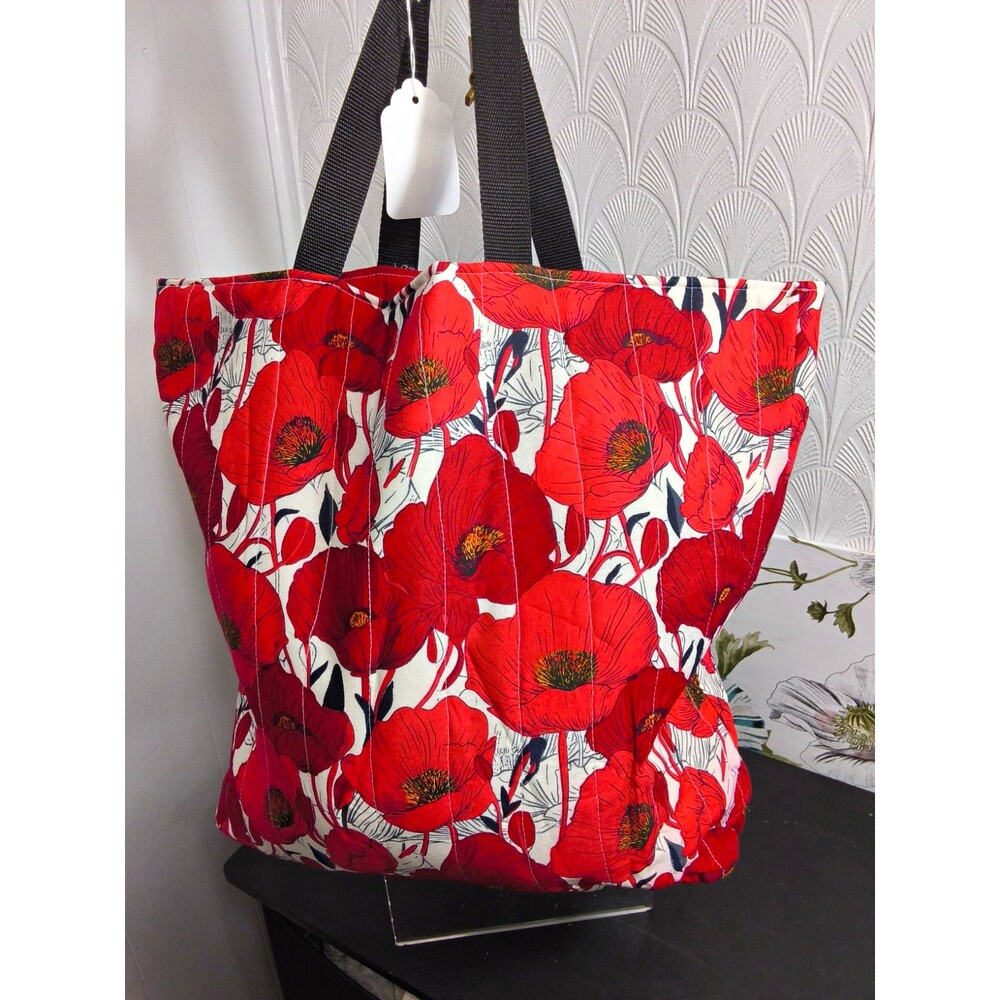 Quilted red Floral print Large tote bag handmade one of a kind